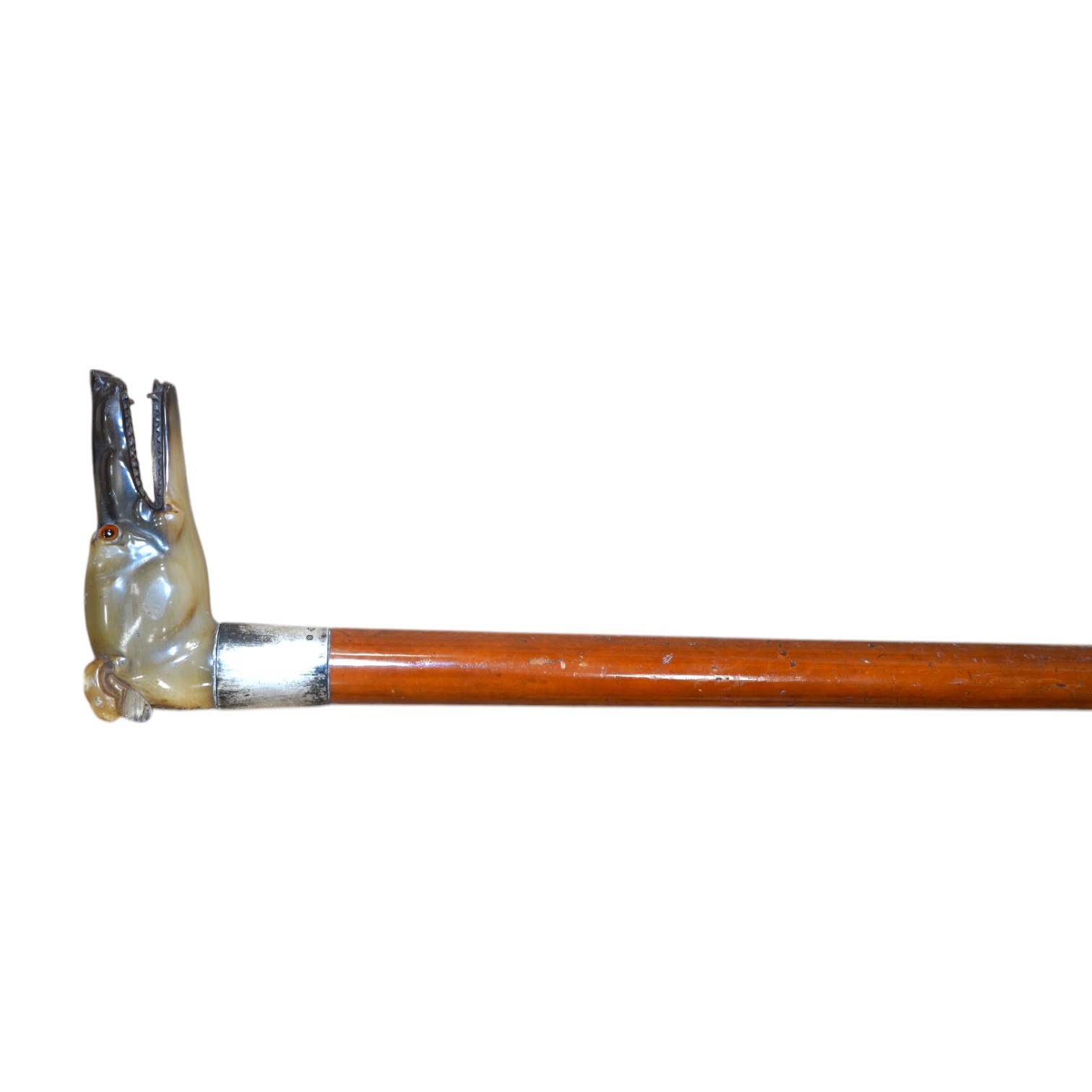 A carved horn ‘greyhound’ handled and silver collared Malacca walking cane, 90cm. Condition - fair to good